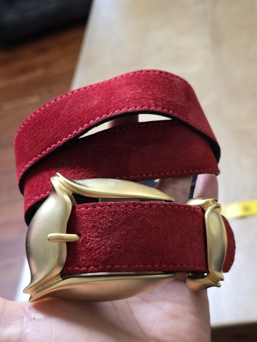 Vintage TAROX Red Suede Belt Made in Italy Size L Gold Sculpted Buckle
